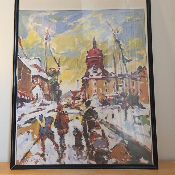 Framed Winter Cityscape Painting Print - Picture 1 of 3